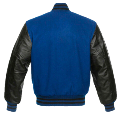 NAVY BLUE WOOL BODY WITH BLACK VINYL SLEEVES | Black and blue varsity jacket